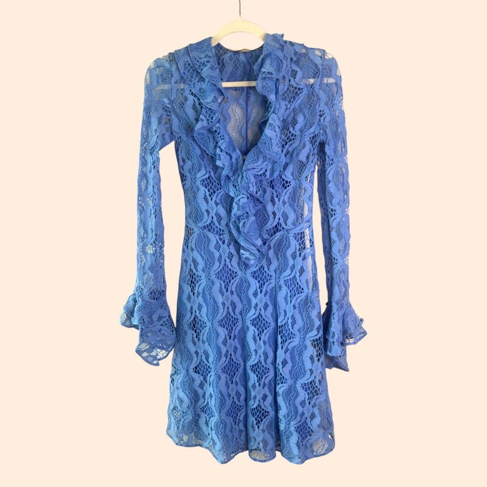Roberto Cavalli Blue Lace Ruffle Mini Dress